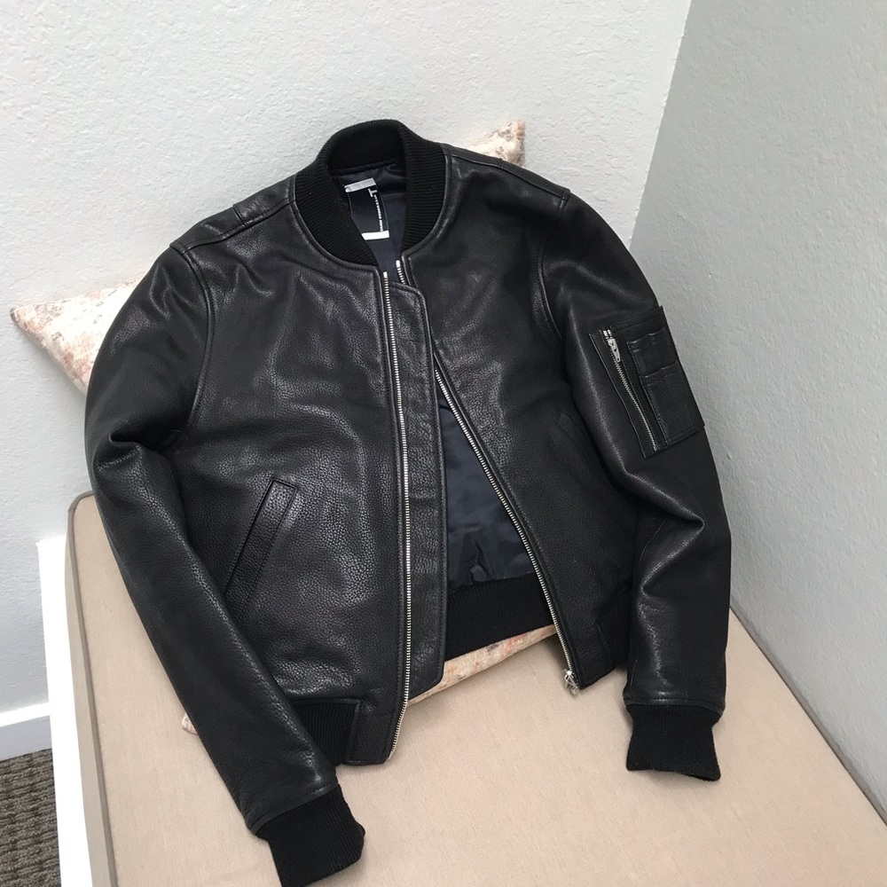 T BY ALEXANDER WANG LEATHER BOMBER JACKET, BLACK